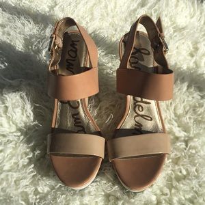 NWOT tan patent leather/ leather wedges.